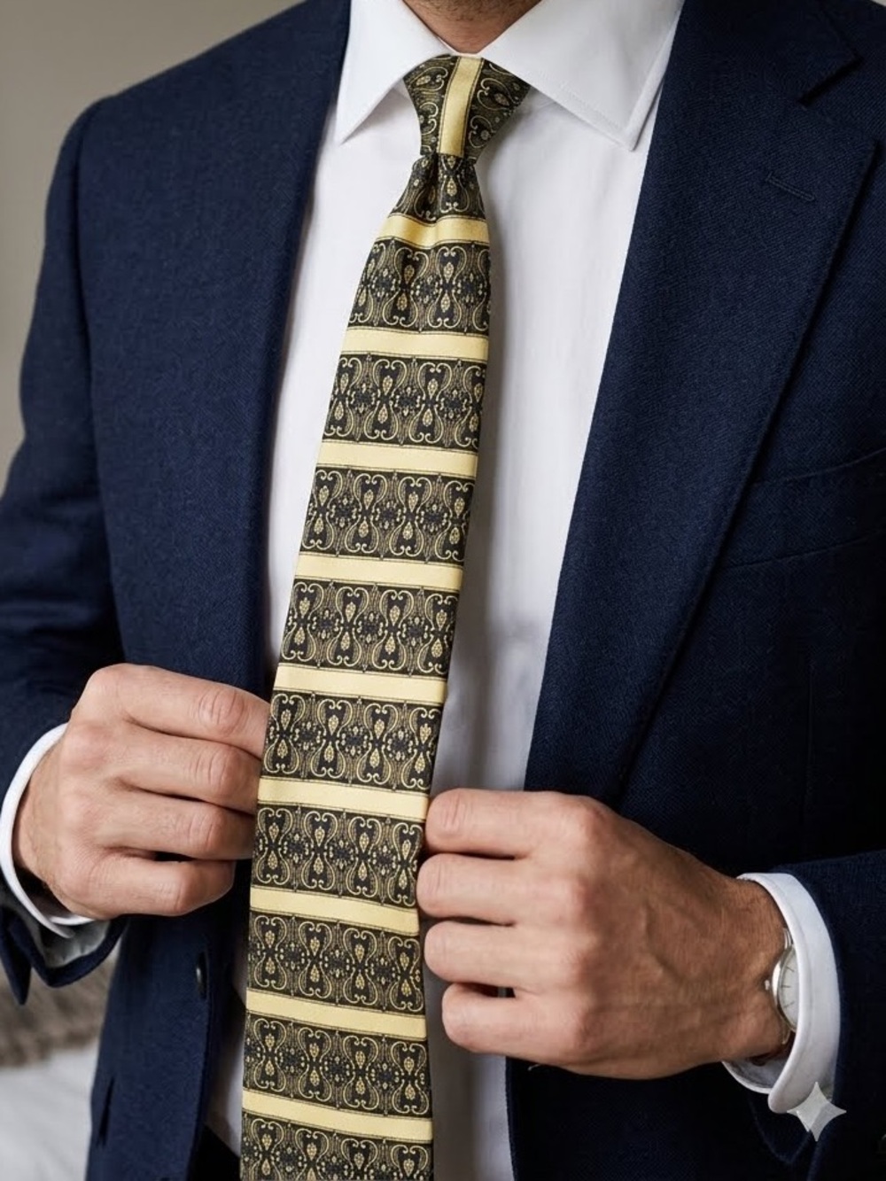 Metropolitan Museum of Art (MMA) Silk Tie Yellow Navy Geometric Medallion Luxury